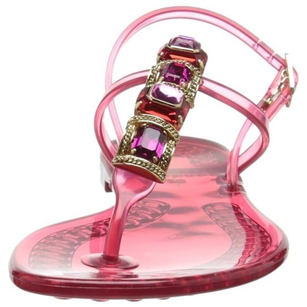 Casadei Pink Crystal Embellished Chain Decor Shiny PVC Jelly T-Bar Sandal Sz 39 - Picture 2 of 8